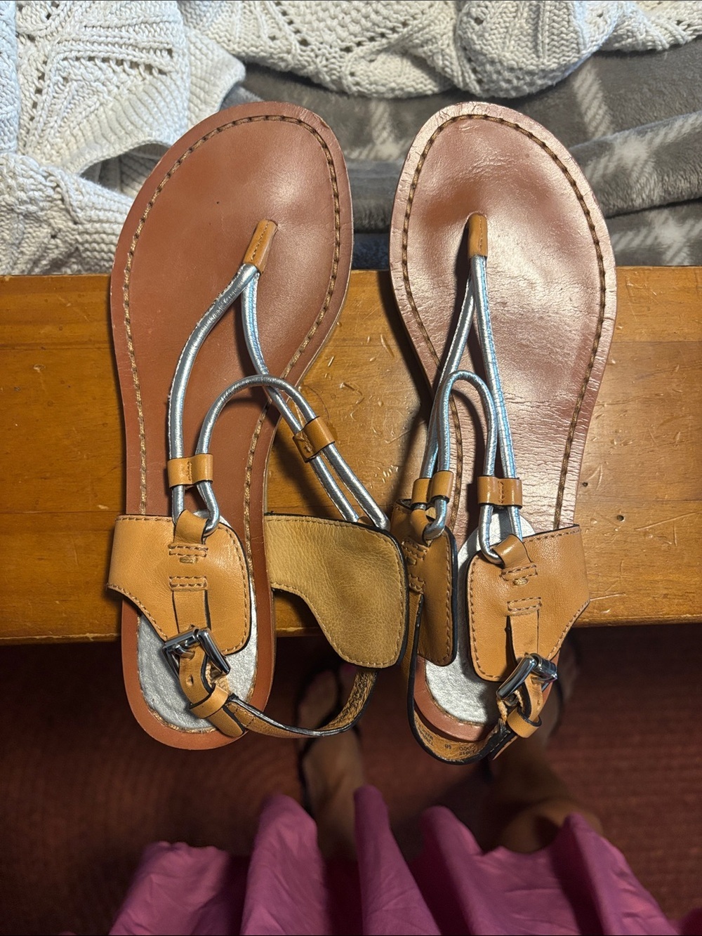 Leather Tan and Silver Women’s Toe-Loop Sandals